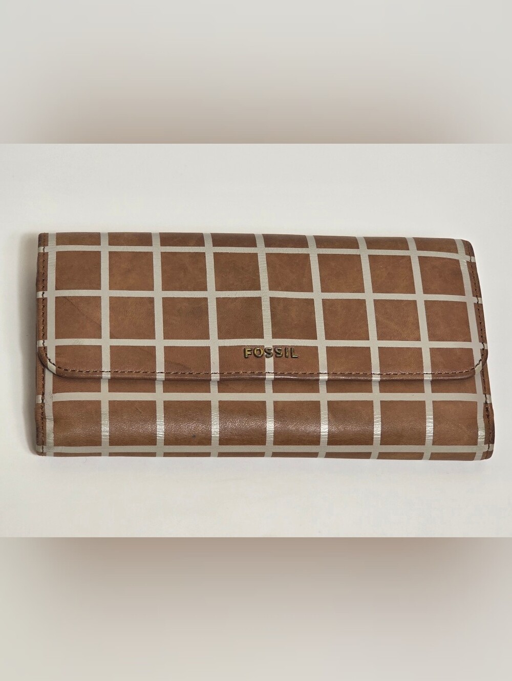 Fossil Tan Grid-Print Checkered Leather Wallet